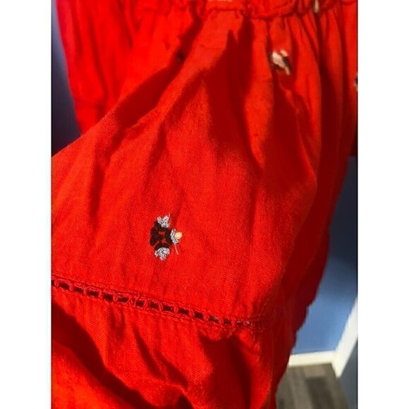 FREE PEOPLE Red Off-Shoulder Smocked Dress, Embroidered Floral, Flare Sleeve, XS - Picture 4 of 9